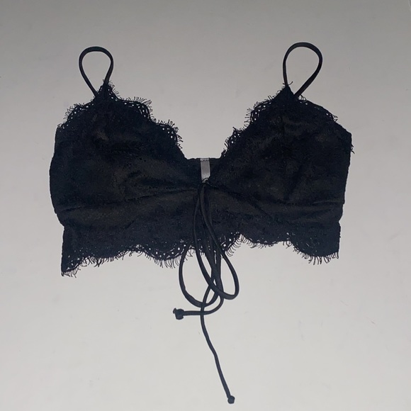 Flamingo Nasty Gal Black Lace Eyelash Trim Bra Bralette Crop Top Tie Front Small - Picture 5 of 12